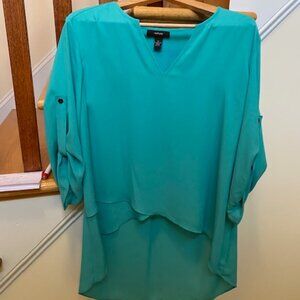 NWOT Beautiful Alfani Aqua Turquoise Blue Green High Low Flowy Blouse Large